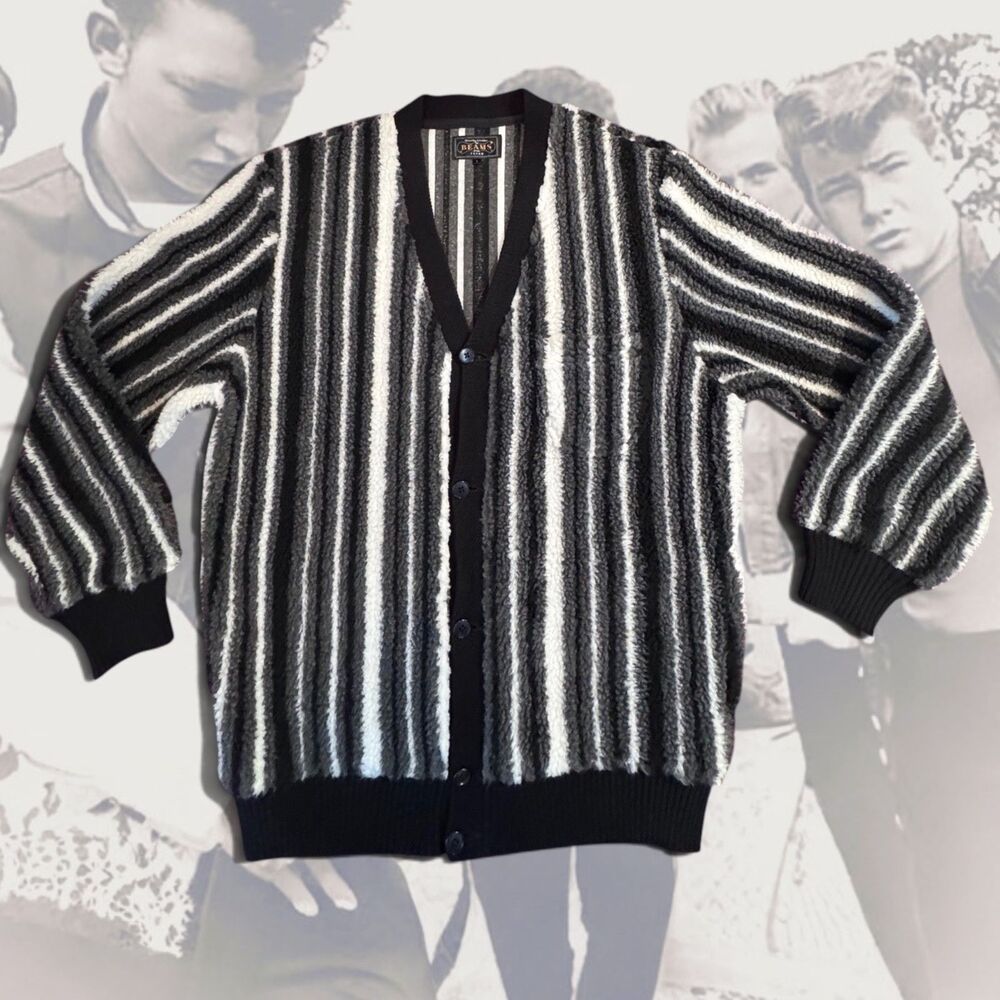 VTG Y2k BEAMS PLUS Men’s Stripe Cobain Cardigan Sweater Black White Soft Shag L